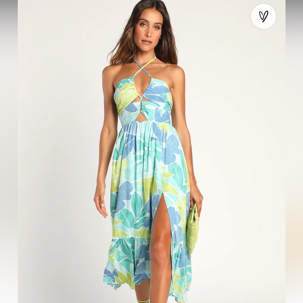NWT Lulu’s Exotic Days Light Green Tropical Print Cutout Halter Midi Dress Sz L